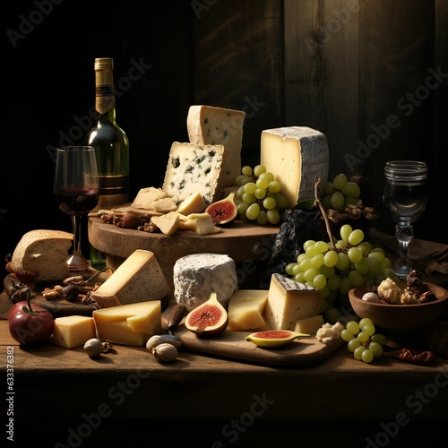 Set of hard cheeses with dried nuts, and fruits on a wooden board.