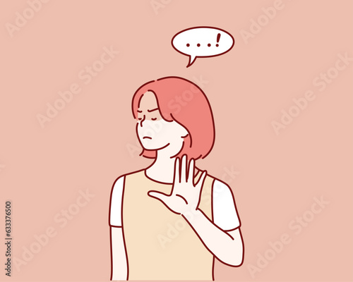 Young female say "NO" with negative gesture. Hand drawn style vector design illustrations.