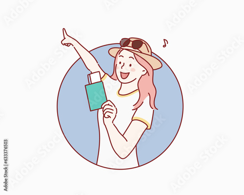happy smiling young girl holding passport and travelling tickets. Hand drawn style vector design illustrations.