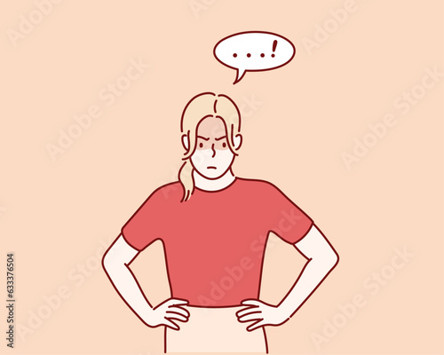 Young female say "NO" with negative gesture. Hand drawn style vector design illustrations.