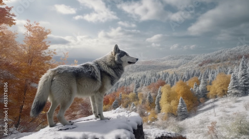 a wolf on the winter autumn high definition picture. Generative AI © Fuji