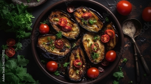Salad baked eggplant and fresh tomatoes. Top view. AI Generative