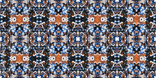 Indigo blue white vibrant watercolor batik azulejos tile border banner background. Seamless coastal blur linen effect geometric mosaic effect.Boho Patchwork nautical masculine summer ribbon trim. 