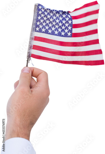 Digital png photo of hand of caucasian man holding flag of usa on transparent background