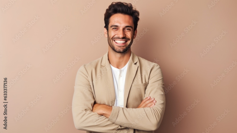 Confident handsome man with arms crossed over body smiling and looking determined. 