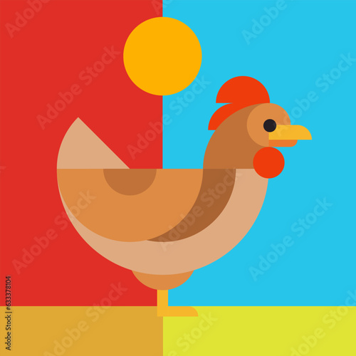 Abstract geometric chicken in modern fashion minimal art style. Bright cartoon concept design. Decorative retro bauhaus composition. Creative vector flat illustration. Template for icon, logo, print.