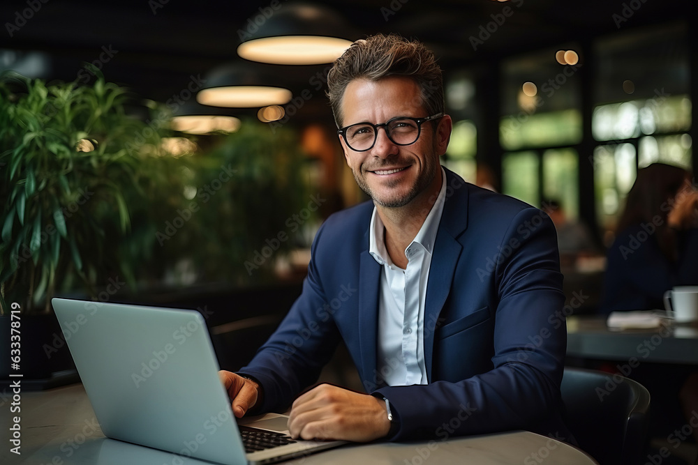 A handsome businessman in a suit and glasses in the office. A handsome businessman in a suit and glasses in the office.