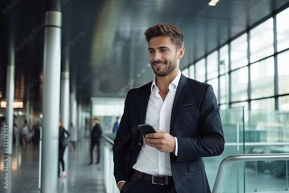 A handsome businessman with phone in the office. A handsome businessman with phone in the office.