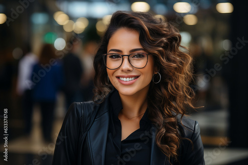 A handsome businesswoman in a suit and glasses.