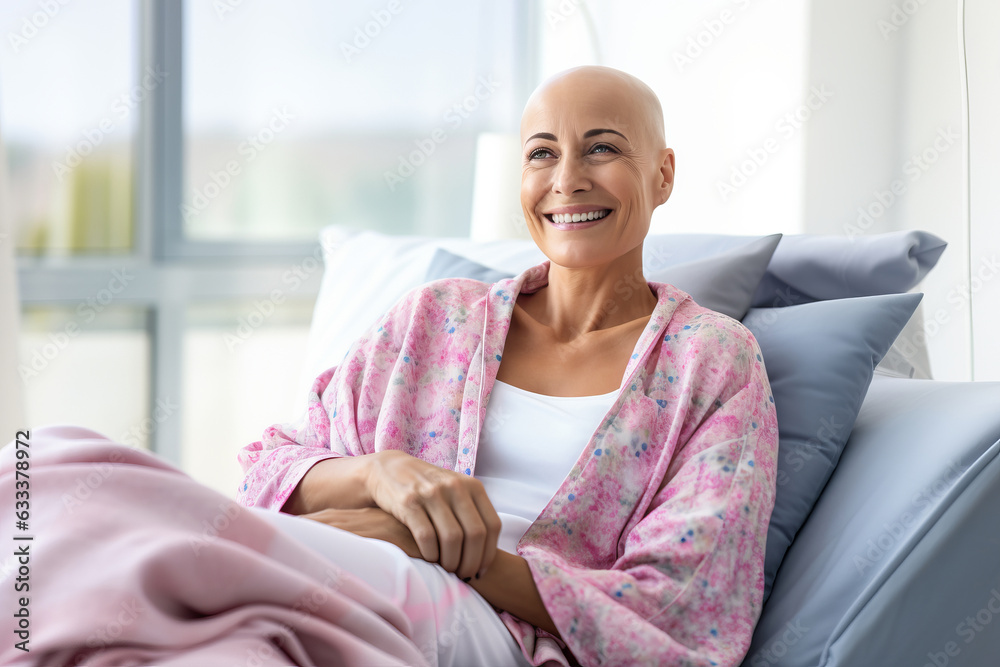 Bald mature woman smiling in cancer hospital bed. Bald mature woman smiling in cancer hospital bed.