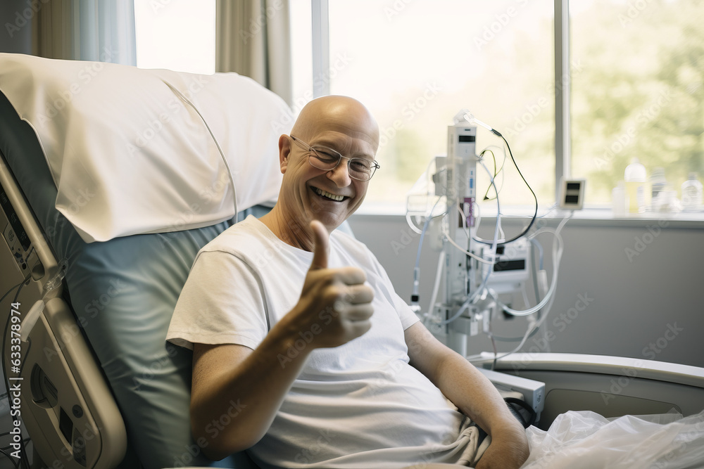 © wolfhound911 - Bald mature man smiling in cancer hospital bed . © wolfhound911 - Bald mature man smiling in cancer hospital bed .