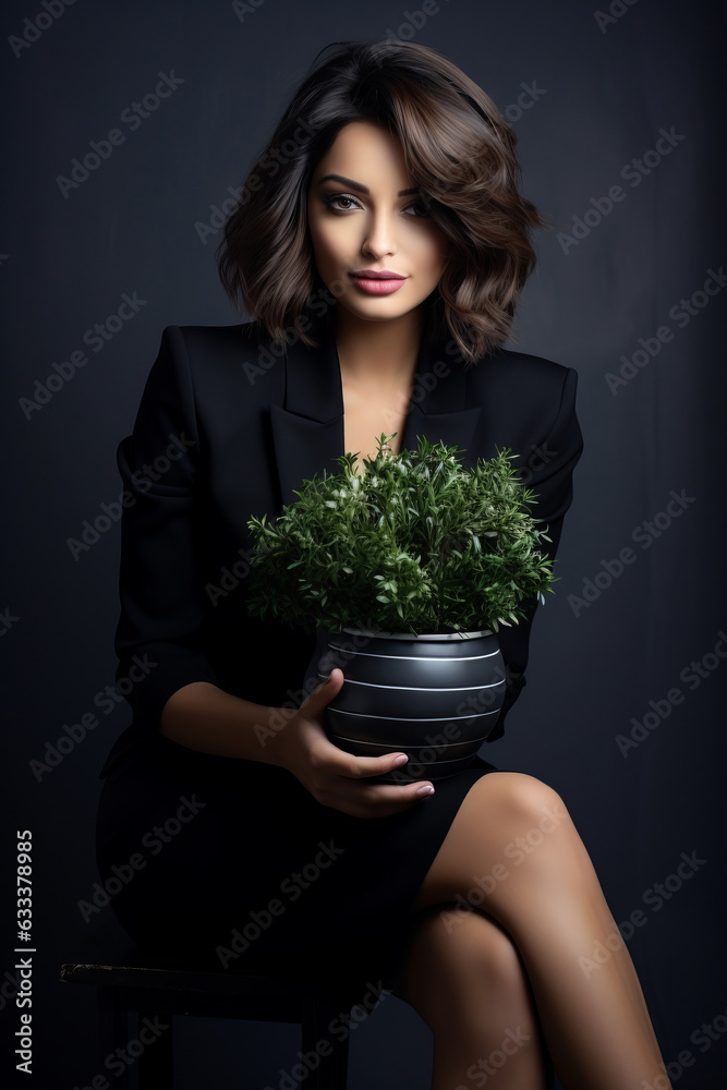 Beautiful brunette sitting in a black suit. looking down. Beautiful brunette sitting in a black suit. looking down.