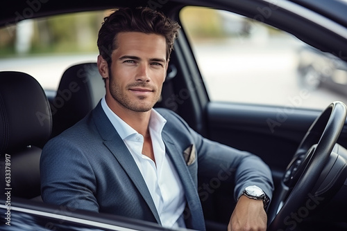 Attractive elegant happy man in good car. © wolfhound911