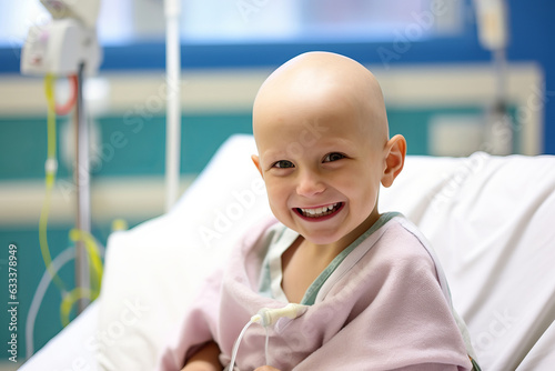 Bald boy smiling in cancer hospital bed.