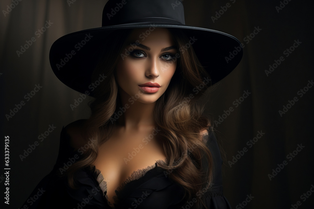 Dramatic dark studio portrait of elegant and sexy young woman in black wide hat and black dress. Dramatic dark studio portrait of elegant and sexy young woman in black wide hat and black dress.