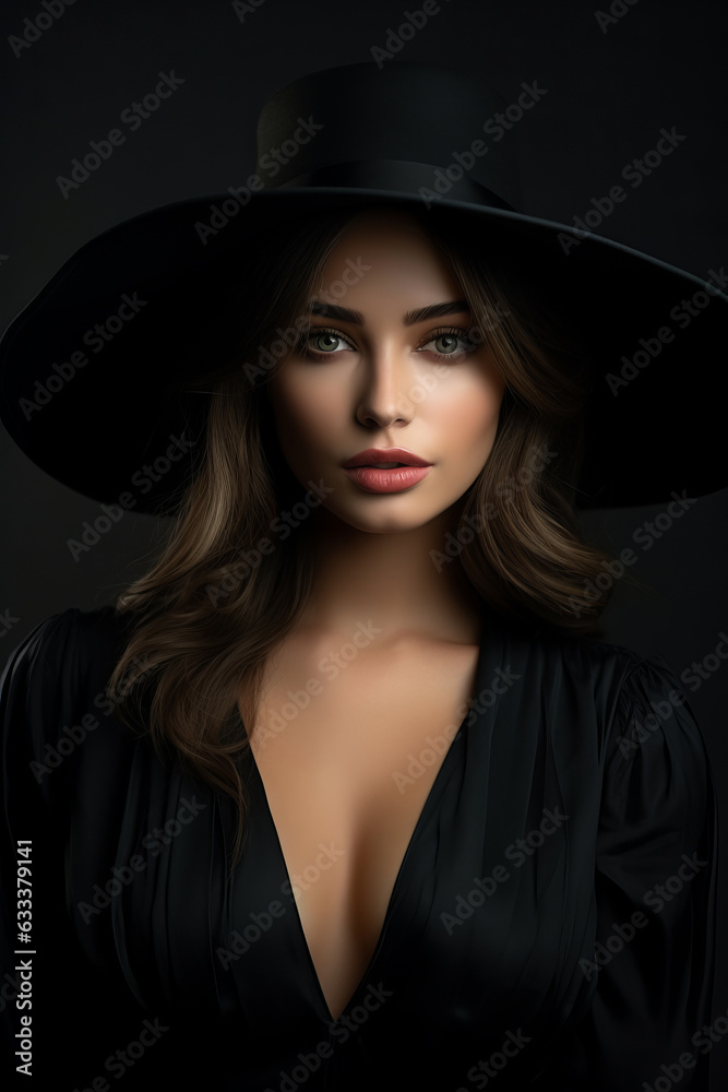 Dramatic dark studio portrait of elegant and sexy young woman in black wide hat and black dress. Dramatic dark studio portrait of elegant and sexy young woman in black wide hat and black dress.