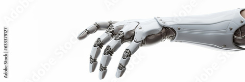 Cyborg hand finger pointing, technology of artificial intelligence. Steel futuristic arm, type of bionic arm with similar functions to a human arm isolated on white. with copy space.