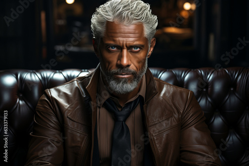 dark-skinned handsome guy with white hair and blue eyes standing on a dark background with a serious facial expression in brown clothes .