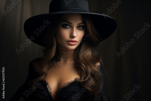 Dramatic dark studio portrait of elegant and sexy young woman in black wide hat and black dress.