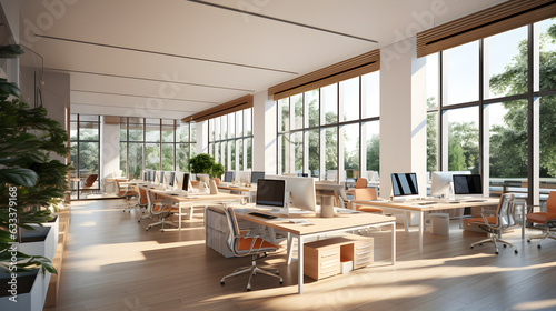 Concept of a sleek and open office layout with minimalist workstations, illuminated by natural light pouring through expansive windows in a collaboration space office within a office complex © JJ1990
