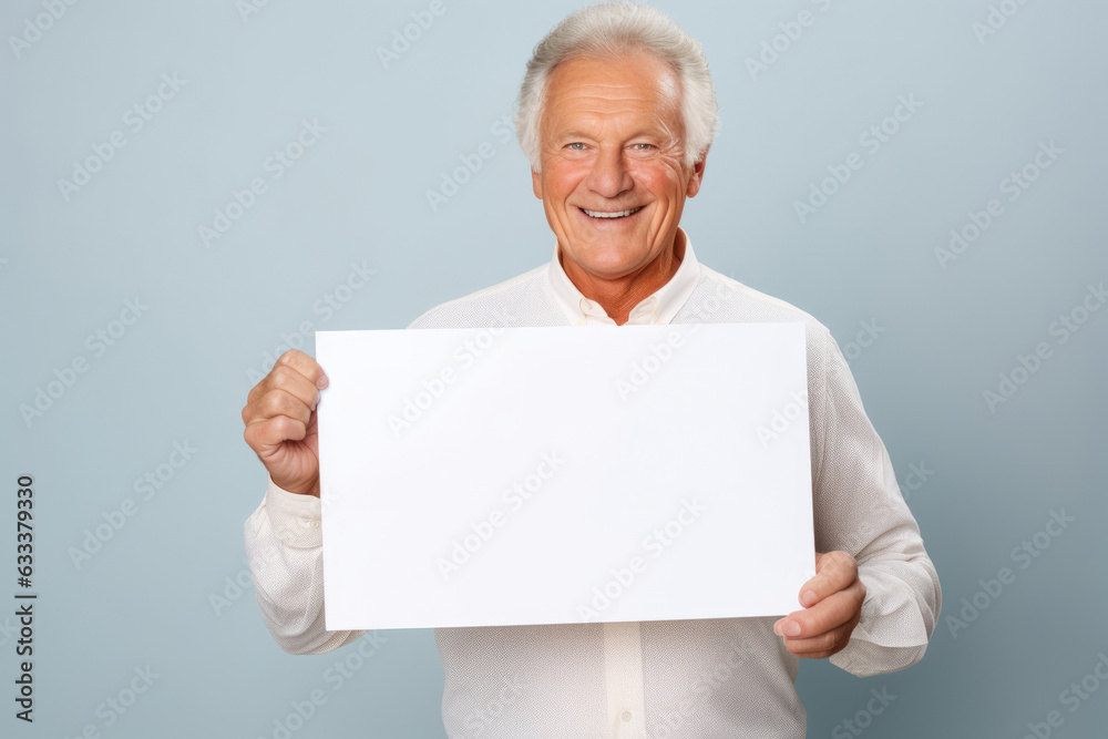 Happy mature senior man holding blank white banner sign, isolated studio portrait . Happy mature senior man holding blank white banner sign, isolated studio portrait .