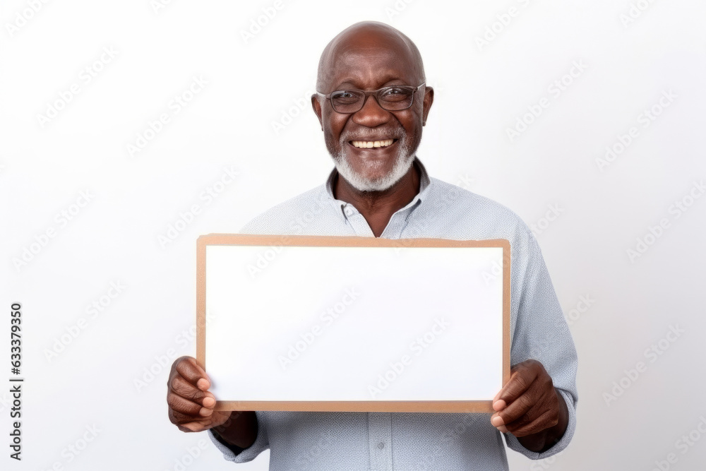 Happy old black man holding blank white banner sign, isolated studio portrait. Happy old black man holding blank white banner sign, isolated studio portrait.