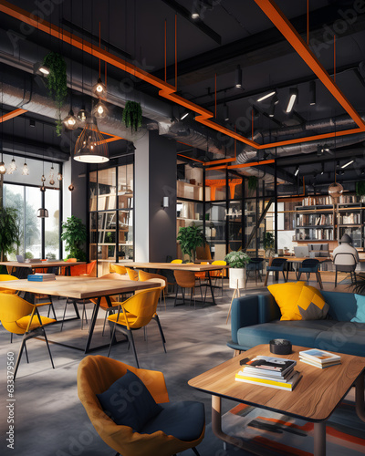 Concept of a innovative co-working space featuring ergonomic furniture, vibrant decor and providing an inspiring atmosphere for freelancers and startups to collaborate