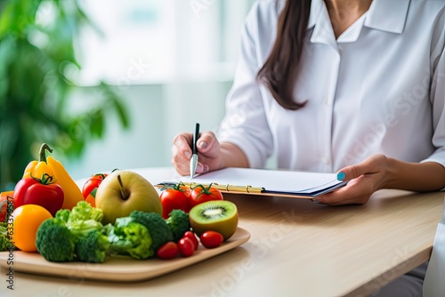 Female Nutritionist Consultation. Making Diet Plan and Giving Health Advice in Office Setting with Patient on Nourishment: Generative AI