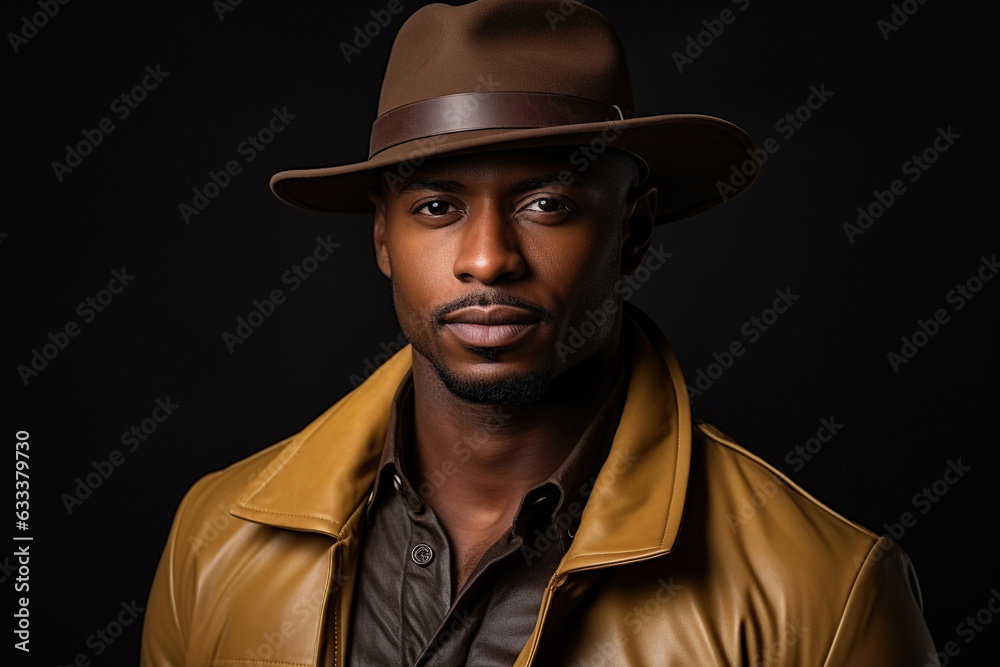 Portrait of a dark-skinned handsome man looking to the side. Dressed in a brown jacket and black hat. Portrait on black background. Portrait of a dark-skinned handsome man looking to the side. Dressed in a brown jacket and black hat. Portrait on black background.
