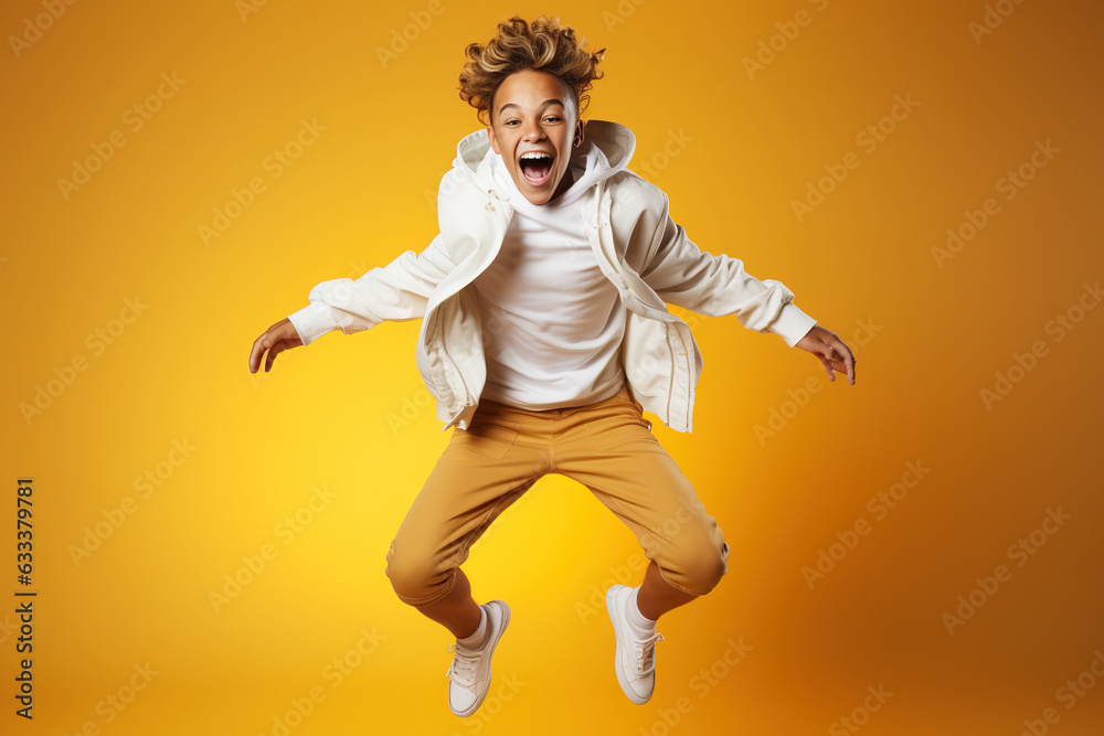 Portrait of jumping African-American teenage boy on yellow background.