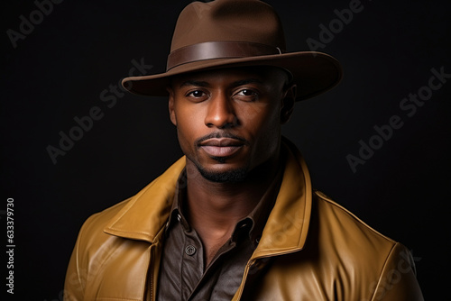 Portrait of a dark-skinned handsome man looking to the side. Dressed in a brown jacket and black hat. Portrait on black background.
