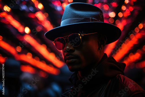 Photo of a black guy in a black hat. On a black background under neon light.