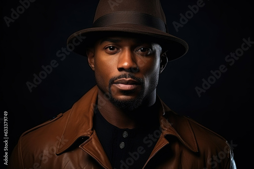 Portrait of a dark-skinned handsome man looking to the side. Dressed in a brown jacket and black hat. Portrait on black background.