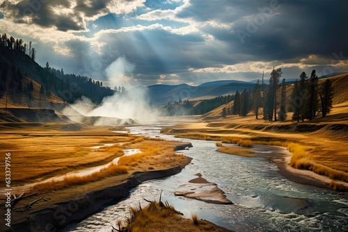 Scenic Beauty of Yellowstone National Park: Majestic Buffalo by the River: Generative AI photo