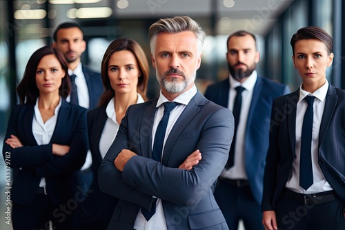 Serious Business: Strong Team of Lawyers in Confident and Powerful Pose. Group of Professionals in Law Office Setting: Generative AI