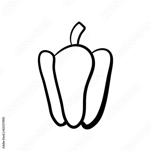 Sweet pepper with a stalk. Single hand drawn vector illustration. Monochrome sketch illustration of a vegetable on a white background. Isolated object for your design.