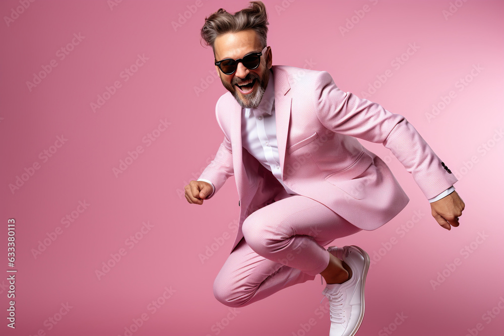 Young handsome funny man with glasses, brown hair and beard, wearing light grey suit and sneakers, jumping with the skateboard on color studio background. Young handsome funny man with glasses, brown hair and beard, wearing light grey suit and sneakers, jumping with the skateboard on color studio background.