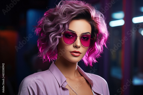 Young woman beauty face wear stylish eyewear glasses look at camera in neon light purple blue background.