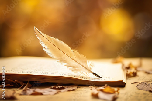 An old-fashioned quill pen rests on a vintage page in autumn forest, evoking nostalgia and literature themes. 
