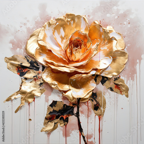Floral oil painting. Gold rose on white background