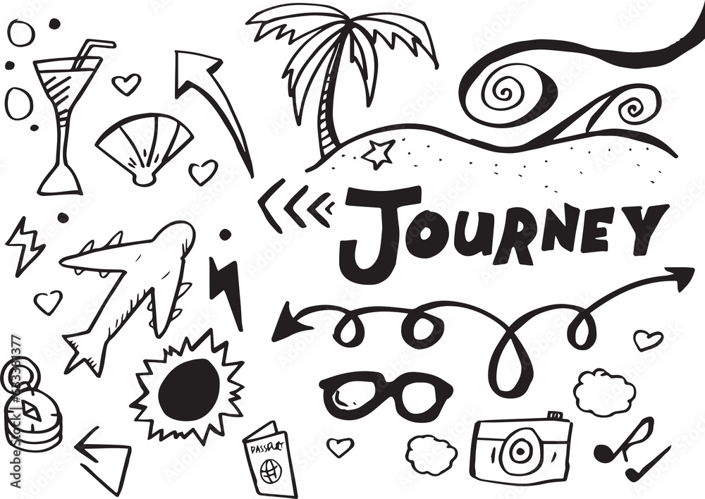 Digital png illustration of journey text with icons on transparent background
