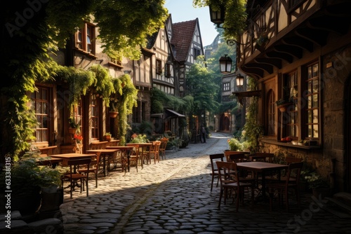 European village square framed by charming old-world architecture. Generative AI. © kept