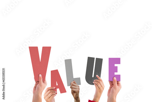 Digital png illustration of hands with value text on transparent background