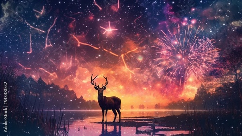 Deer having fun at a New Years Eve party with firework.Generative AI © Sukritidesign