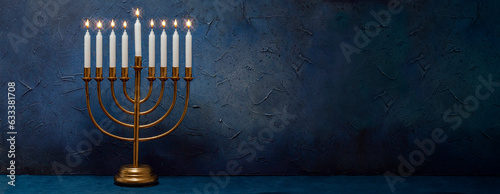 Jewish Hanukkah Menorah 9 Branch Candlestick. Holiday Candle Holder. Nine-arm candlestick. Traditional Hebrew Festival of Lights candelabra. Background for design with copy space