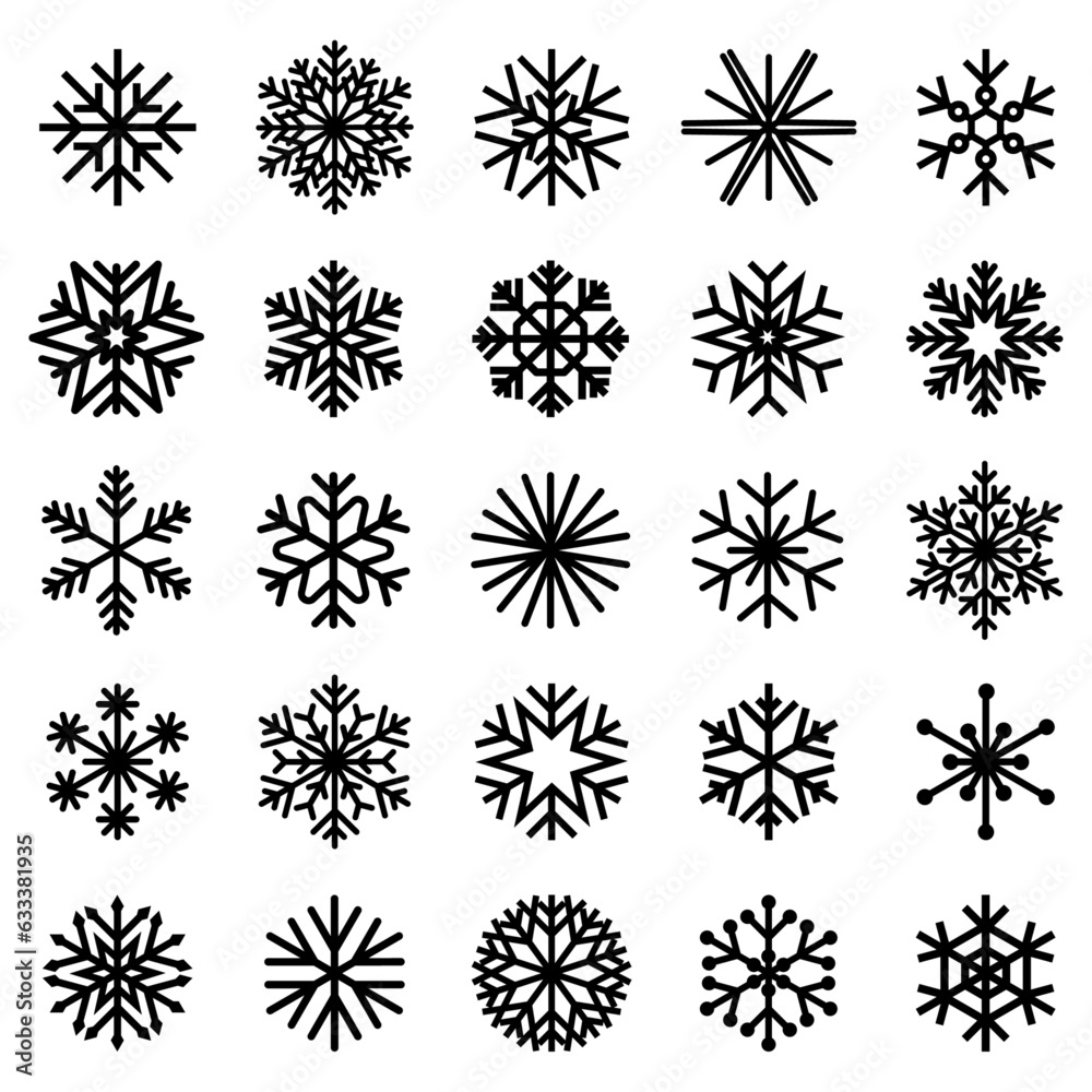 Set of snowflake vector icons. Original black line snowflake icons.