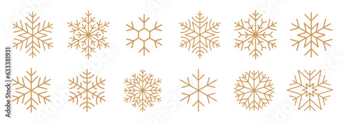 Gold snowflake thin line icons set.