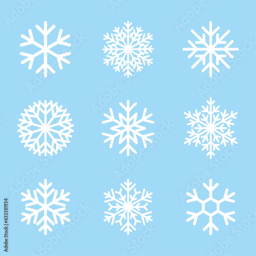 Snowflake vector icons collection. Set of white snowflakes on blue background.