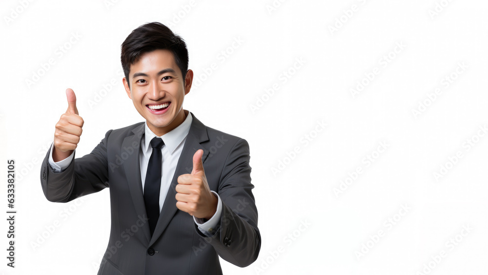 Successful asian businessman in formal suit wear showing thumb up isolated on white background. Successful asian businessman in formal suit wear showing thumb up isolated on white background.