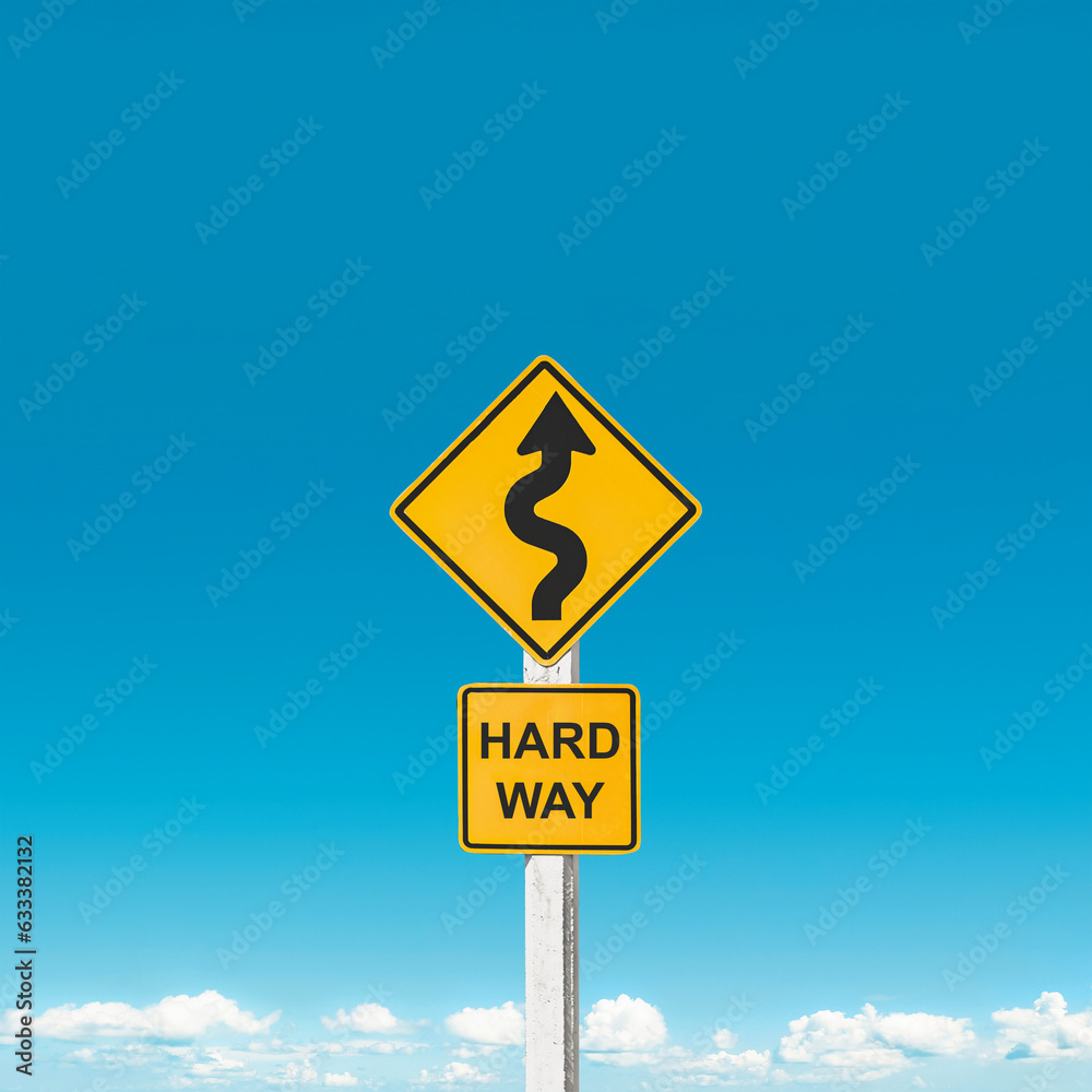 Obstacles await on the path ahead. Traffic sign warning winding curves against sky background. Striving in hard way for success. Challenging difficulty. Self-improvement motivation. Test of life. Obstacles await on the path ahead. Traffic sign warning winding curves against sky background. Striving in hard way for success. Challenging difficulty. Self-improvement motivation. Test of life.